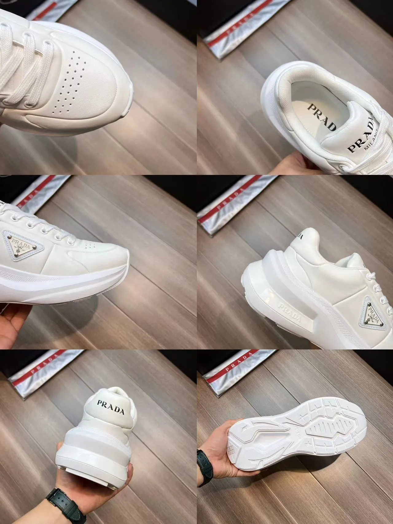 P440 Prad* men's new soft leather casual sneakers. This sneaker is made of Napa cowhide. The leather is soft and fine, with a natural texture, which improves breathability. The outer side is coated with an enamel metal triangle logo to embellish the shoe body. The tongue and heel are decorated with brand letter logo details. Ultra-lightweight 6cm concave and convex rubber thick sole with PRADA letter logo on the side and cowhide lining. It feels comfortable on the foot and is exquisite and versatile!